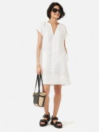 JIGSAW Linen Smocked T-shirt Dress White / women’s casual summer dresses / womens warm weather day clothes / relaxed holiday clothing