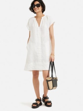 JIGSAW Linen Smocked T-shirt Dress White / women’s casual summer dresses / womens warm weather day clothes / relaxed holiday clothing - flipped