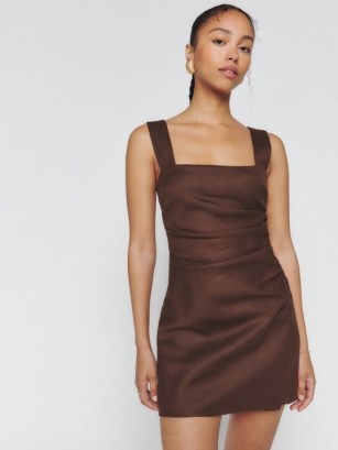 Kerrigan Linen Dress in Cafe ~ sleeveless dark-brown ruched mini dresses ~ tank style bodycon ~ going out fashion - flipped