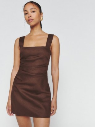 Kerrigan Linen Dress in Cafe ~ sleeveless dark-brown ruched mini dresses ~ tank style bodycon ~ going out fashion