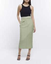 RIVER ISLAND KHAKI UTILITY MIDI PENCIL SKIRT – women’s green pocket detail skirts – womens utilitarian fashion
