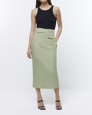 RIVER ISLAND KHAKI UTILITY MIDI PENCIL SKIRT – women’s green pocket detail skirts – womens utilitarian fashion - flipped