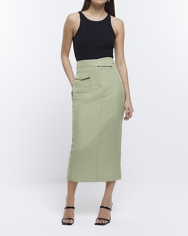 RIVER ISLAND KHAKI UTILITY MIDI PENCIL SKIRT – women’s green pocket detail skirts – womens utilitarian fashion