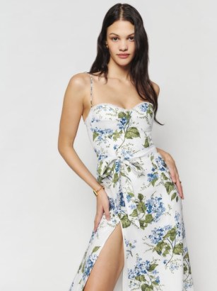 Reformation Kieryn Linen Dress in Riviera / strappy floral midi dresses / sleeveless skinny shoulder strap occasion fashion / thigh high slit / fitted bodice / tie waist detail / feminine clothes / women’s luxury clothing - flipped