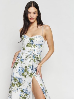 Reformation Kieryn Linen Dress in Riviera / strappy floral midi dresses / sleeveless skinny shoulder strap occasion fashion / thigh high slit / fitted bodice / tie waist detail / feminine clothes / women’s luxury clothing