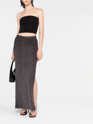 Lama Jouni metallic side-slit maxi skirt in black ~ women’s stretchy slim fit evening skirts ~ thigh high split hem