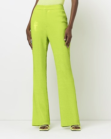 RIVER ISLAND LIME GREEN SEQUIN FLARED TROUSERS ~ sequinned evening fashion - flipped
