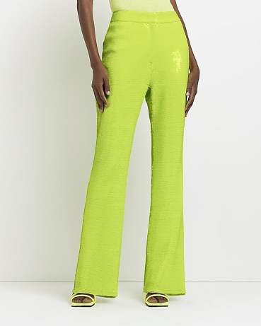 RIVER ISLAND LIME GREEN SEQUIN FLARED TROUSERS ~ sequinned evening fashion