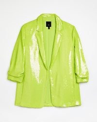 RIVER ISLAND LIME GREEN SEQUIN OVERSIZED BLAZER ~ womens sequinned blazers ~ shimmering evening clothes ~ women’s glittering ruched sleeve jackets