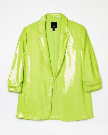 RIVER ISLAND LIME GREEN SEQUIN OVERSIZED BLAZER ~ womens sequinned blazers ~ shimmering evening clothes ~ women’s glittering ruched sleeve jackets - flipped