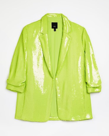 RIVER ISLAND LIME GREEN SEQUIN OVERSIZED BLAZER ~ womens sequinned blazers ~ shimmering evening clothes ~ women’s glittering ruched sleeve jackets