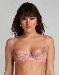 Agent Provocateur Lindie Balconette Underwired Bra Dusky Pink – slender strap demi bras – luxe bead embellished lingerie – women’s luxury beaded underwear – sheer embroidered half cups
