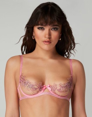 Agent Provocateur Lindie Balconette Underwired Bra Dusky Pink – slender strap demi bras – luxe bead embellished lingerie – women’s luxury beaded underwear – sheer embroidered half cups - flipped