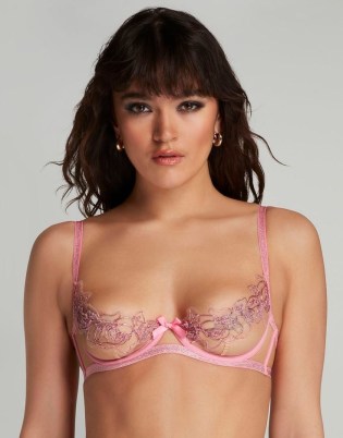 Agent Provocateur Lindie Balconette Underwired Bra Dusky Pink – slender strap demi bras – luxe bead embellished lingerie – women’s luxury beaded underwear – sheer embroidered half cups