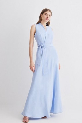 KAREN MILLEN Linen Wrap Tie Waisted Maxi Dress in Pale Blue – women’s sleeveless long length dresses - flipped