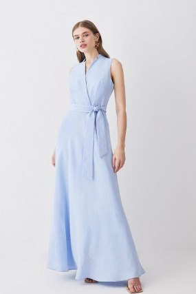 KAREN MILLEN Linen Wrap Tie Waisted Maxi Dress in Pale Blue – women’s sleeveless long length dresses