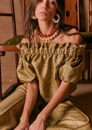 Sezane MACIE BLOUSE Gold – women’s lurex bardot blouses – womens luxe metallic off the shoulder tops – ruffle neck – ruffled neckline – luxury boho fashion – bohemian clothing