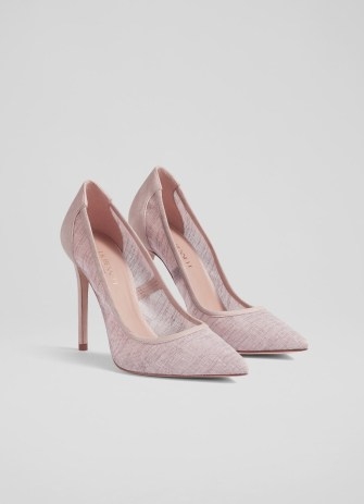 L.K. BENNETT Madelyn Pink Linen Pointed Toe Courts / sheer court shoes / summer occasion stiletto heels - flipped