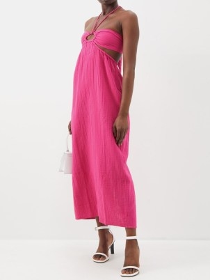 MARA HOFFMAN Laila cutout organic-cotton dress in pink – strappy cut out halterneck dresses – halter neck occasion clothes – tie back details – womens bright summer event clothing - flipped
