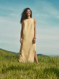 Reformation Marcie Linen Dress in Tuscan Sun / women’s tank style maxi dresses / low scoop back / womens minimalist clothing / chic loose sack fit fashion