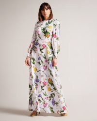 TED BAKER Marggoh Blouson Sleeve Floral Maxi Dress in White / women’s long sleeved floral print special event dresses / womens recycled fabric clothing / sustainable fashion / feminine party clothes