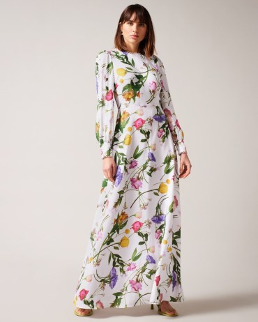 TED BAKER Marggoh Blouson Sleeve Floral Maxi Dress in White / women’s long sleeved floral print special event dresses / womens recycled fabric clothing / sustainable fashion / feminine party clothes - flipped