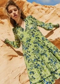 ME and EM Meadow Floral Print Swing Dress + Belt in Sicilian Olive/Cream/Blue / feminine long sleeve ruffle trim dresses / women’s luxury clothes