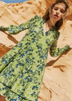 ME and EM Meadow Floral Print Swing Dress + Belt in Sicilian Olive/Cream/Blue / feminine long sleeve ruffle trim dresses / women’s luxury clothes - flipped