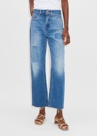 ME and EM Messed Up Authentic Relaxed Jean in Blue ~ women’s faded patch detail jeans ~ frayed hem
