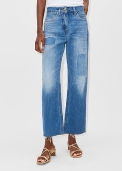 ME and EM Messed Up Authentic Relaxed Jean in Blue ~ women’s faded patch detail jeans ~ frayed hem - flipped