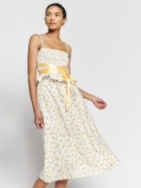 Reformation Miles Linen Dress in Adagio / strappy floral print dresses / ruffled waist / spaghetti shoulder strap fashion / women’s summer clothes / feminine clothing