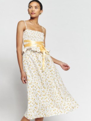 Reformation Miles Linen Dress in Adagio / strappy floral print dresses / ruffled waist / spaghetti shoulder strap fashion / women’s summer clothes / feminine clothing