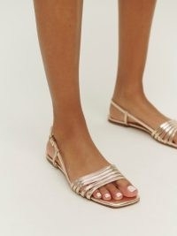 Reformation Millie Lattice Flat Sandal in Gold | strappy metallic leather square toe flats | women’s luxe summer shoes | womens luxury slingback sandals