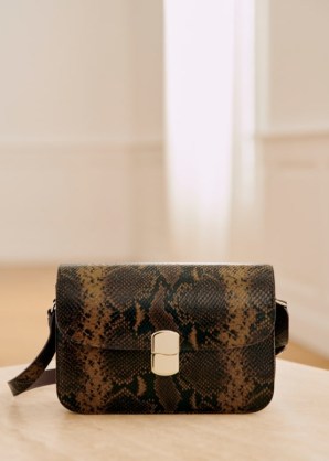 Sézane MILO CLASSIC BAG in Khaki python print ~ luxury snake embossed leather crossbody bags ~ luxe shoulder bag ~ handbags with animal prints - flipped