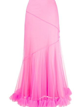 Molly Goddard ruffle-trim tulle midi skirt in fluorescent pink ~ sheer overlay ruffled hem skirts ~ womens romantic style fashion ~ luxury clothing ~ romance inspired clothes