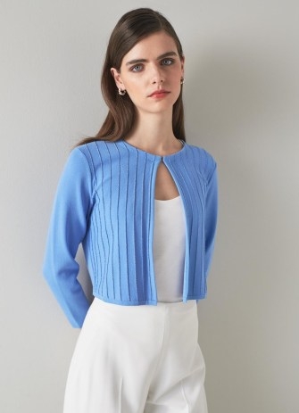 L.K. Bennett Mona Blue Metallic Thread Rib-Knit Cardigan | womens cropped cardigans - flipped