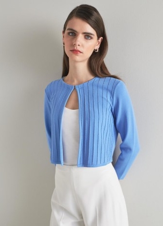 L.K. Bennett Mona Blue Metallic Thread Rib-Knit Cardigan | womens cropped cardigans