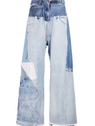 Natasha Zinko wide-leg patchwork jeans in blue | womens casual denim fashion | frayed hems - flipped