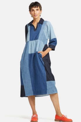 gorman Noah Spliced Denim Dress | women’s blue tonal colourblock midi dresses | colour block clothing | womens relaxed fit fashion - flipped