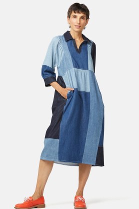 gorman Noah Spliced Denim Dress | women’s blue tonal colourblock midi dresses | colour block clothing | womens relaxed fit fashion