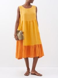 ESKANDAR Panelled linen midi dress in orange / women’s sleeveless relaxed fit dresses / womens tonal summer clothes