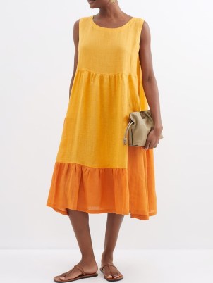 ESKANDAR Panelled linen midi dress in orange / women’s sleeveless relaxed fit dresses / womens tonal summer clothes - flipped