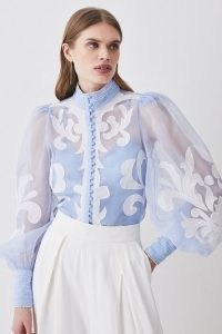 KAREN MILLEN Organdie Applique Buttoned Woven Blouse in Blue – sheer balloon sleeve high neck blouses – romantic fashion – romance inspired clothing – women’s feminine occasion clothes