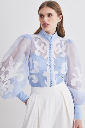 KAREN MILLEN Organdie Applique Buttoned Woven Blouse in Blue – sheer balloon sleeve high neck blouses – romantic fashion – romance inspired clothing – women’s feminine occasion clothes - flipped