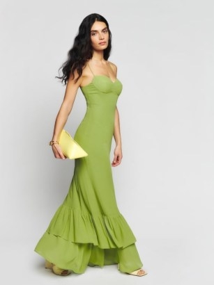 Reformation Petites Fallon Dress in Avocado ~ green strappy maxi dresses ~ ruffled tiered hem detail ~ skinny shoulder strap occasion clothes ~ women’s event clothing ~ fitted bodice and waist with a mermaid silhouette ~ spaghetti straps ~ sweetheart neckline - flipped