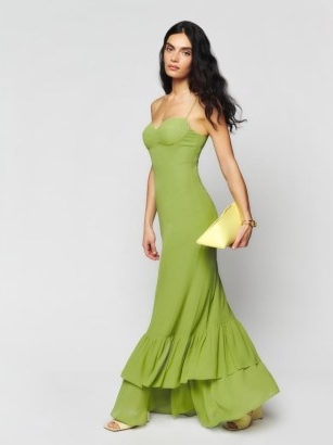 Reformation Petites Fallon Dress in Avocado ~ green strappy maxi dresses ~ ruffled tiered hem detail ~ skinny shoulder strap occasion clothes ~ women’s event clothing ~ fitted bodice and waist with a mermaid silhouette ~ spaghetti straps ~ sweetheart neckline