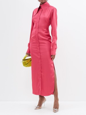 16ARLINGTON Ione exaggerated-collar satin shirt dress in pink / luxury long sleeve button front dresses / chic silky fuchsia coloured fashion / oversized pointed collars / curved side slit hem / women’s luxe clothing - flipped