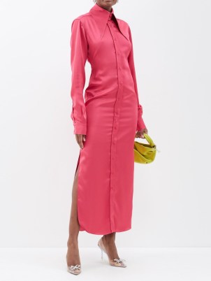 16ARLINGTON Ione exaggerated-collar satin shirt dress in pink / luxury long sleeve button front dresses / chic silky fuchsia coloured fashion / oversized pointed collars / curved side slit hem / women’s luxe clothing