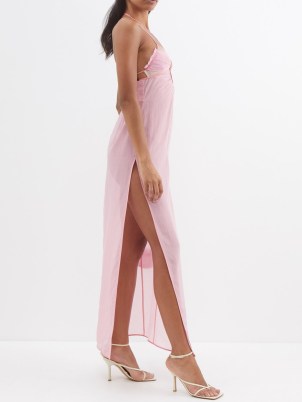 NENSI DOJAKA Keyhole slit-hem chiffon sleeveless dress in pink ~ strappy thigh high split detail dresses ~ women’s lingerie inspired evening clothes ~ luxury skinny strap occasion fashion ~ front cut out plunging neckline - flipped