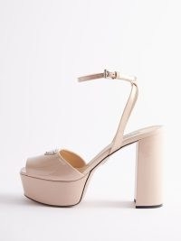 PRADA Plateau 115 leather platform sandals in pink ~ glossy nude block heel platforms ~ patent ankle strap shoes ~ women’s luxury retro style footwear ~ luxe fashion